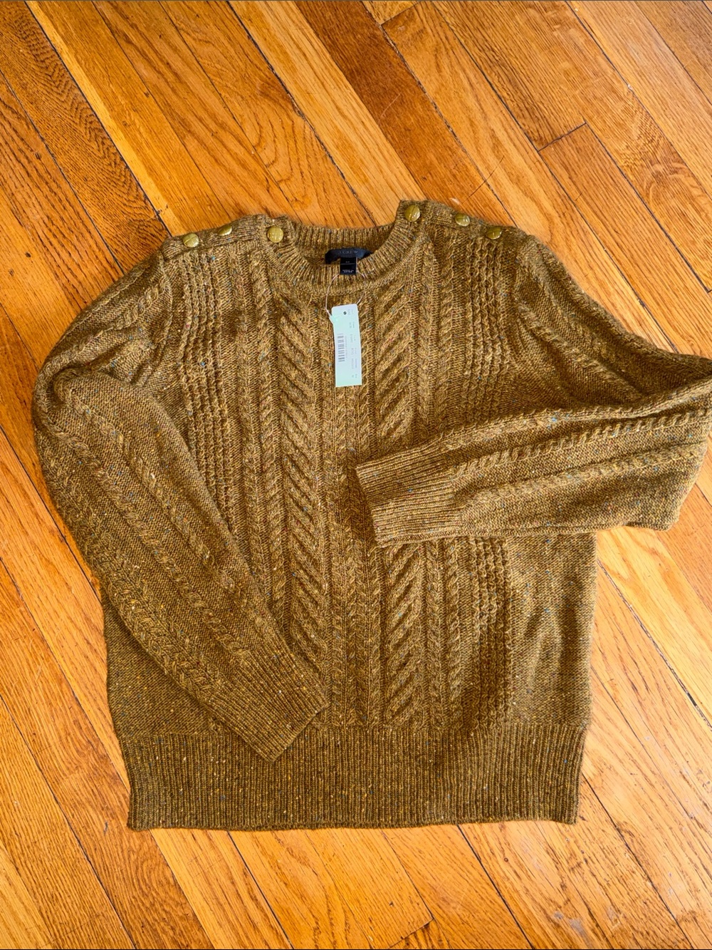 NWT j. Crew Cable-Knit Crewneck speckled sweater in Olive Brown Shoulder Button - Picture 2 of 6